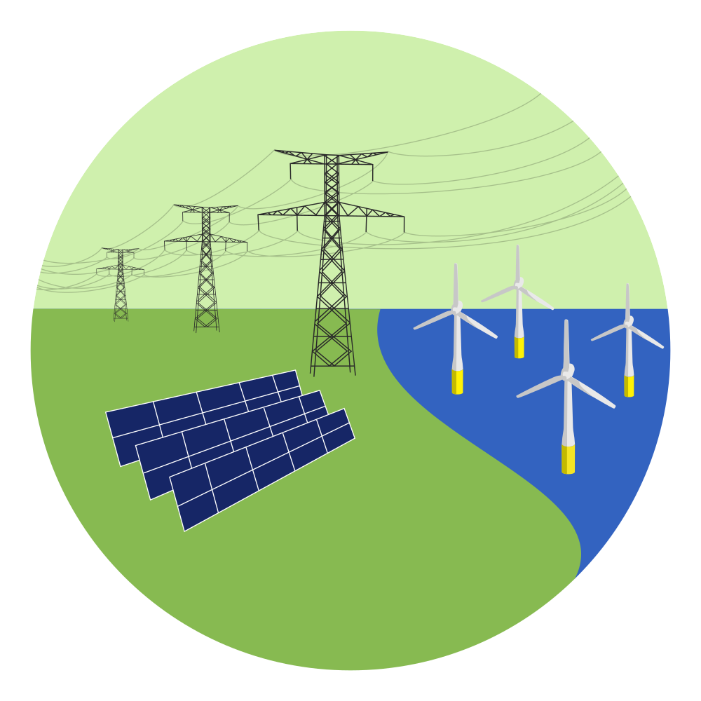 illustration montrant des pilones électrique, des éoliennes et des panneaux solaire