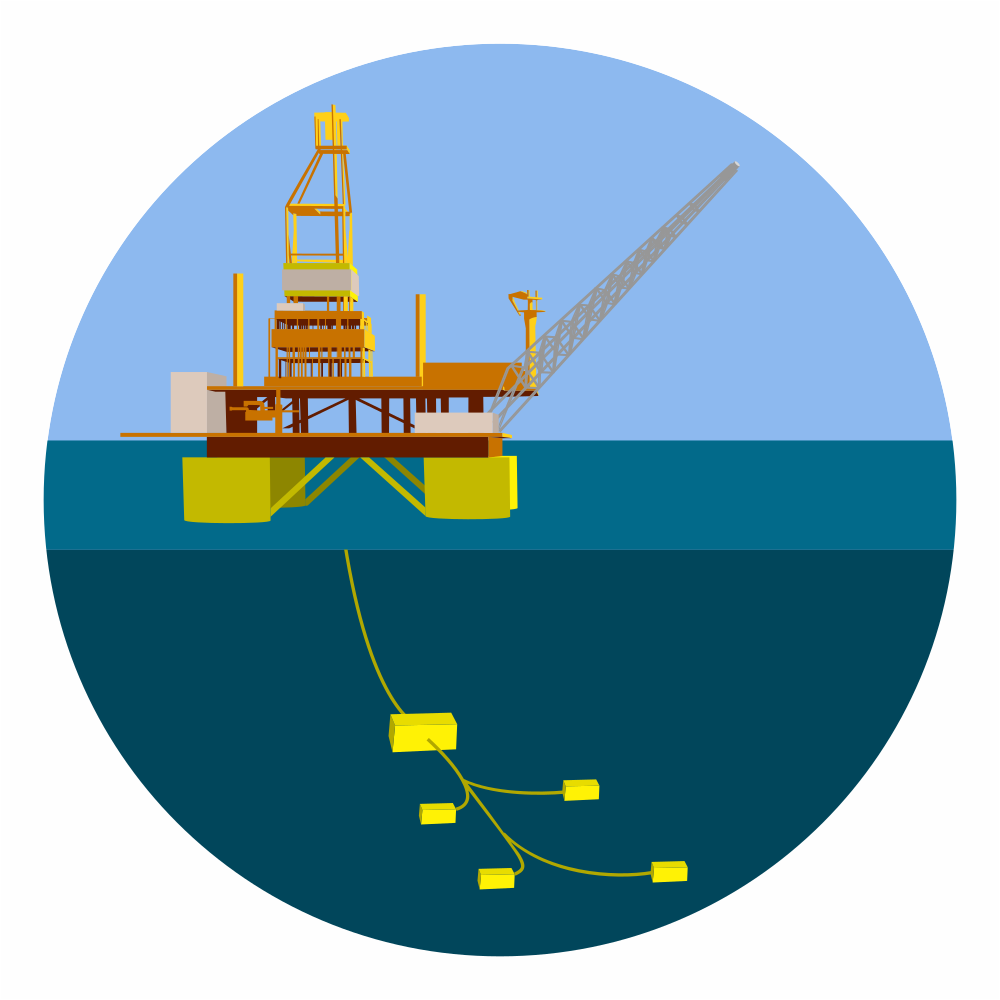 illustration d'une plateforme pétrolière et d'infrastructures sous-marines
