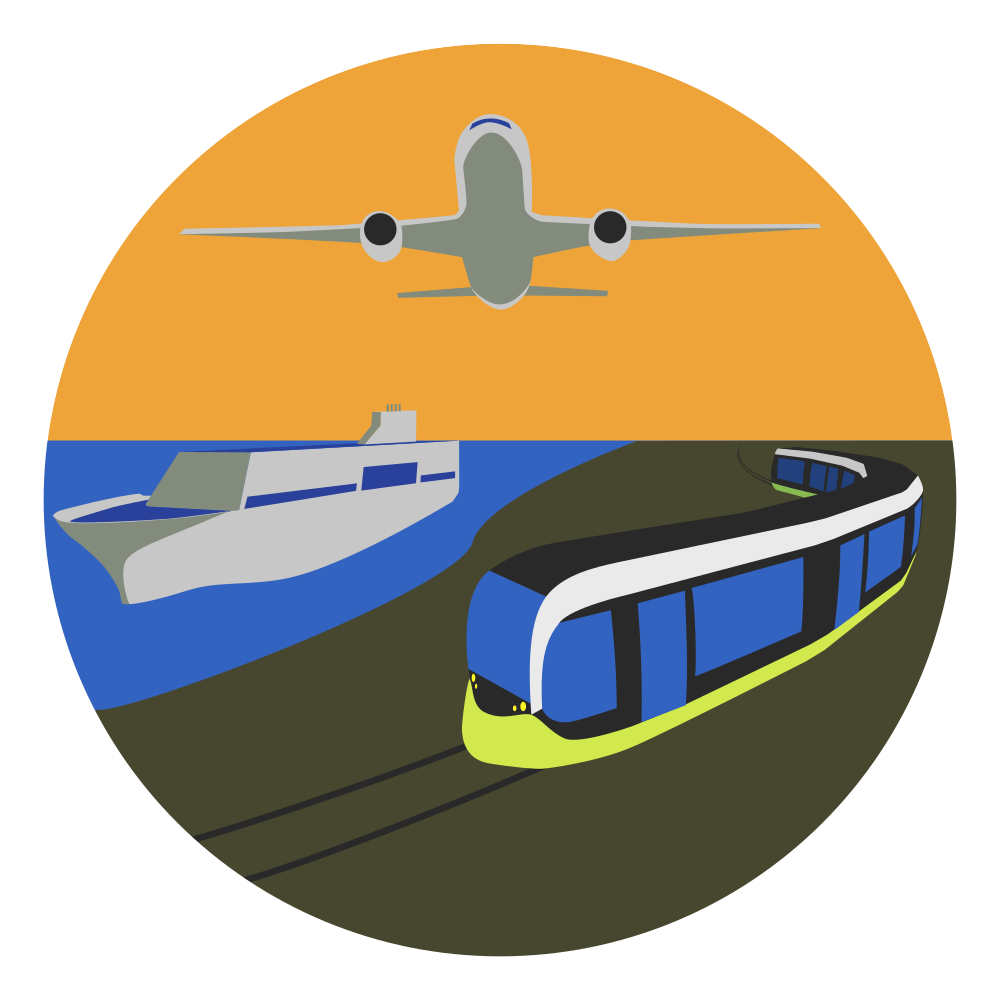 illustration montrant un avion, un ferry et un tramway